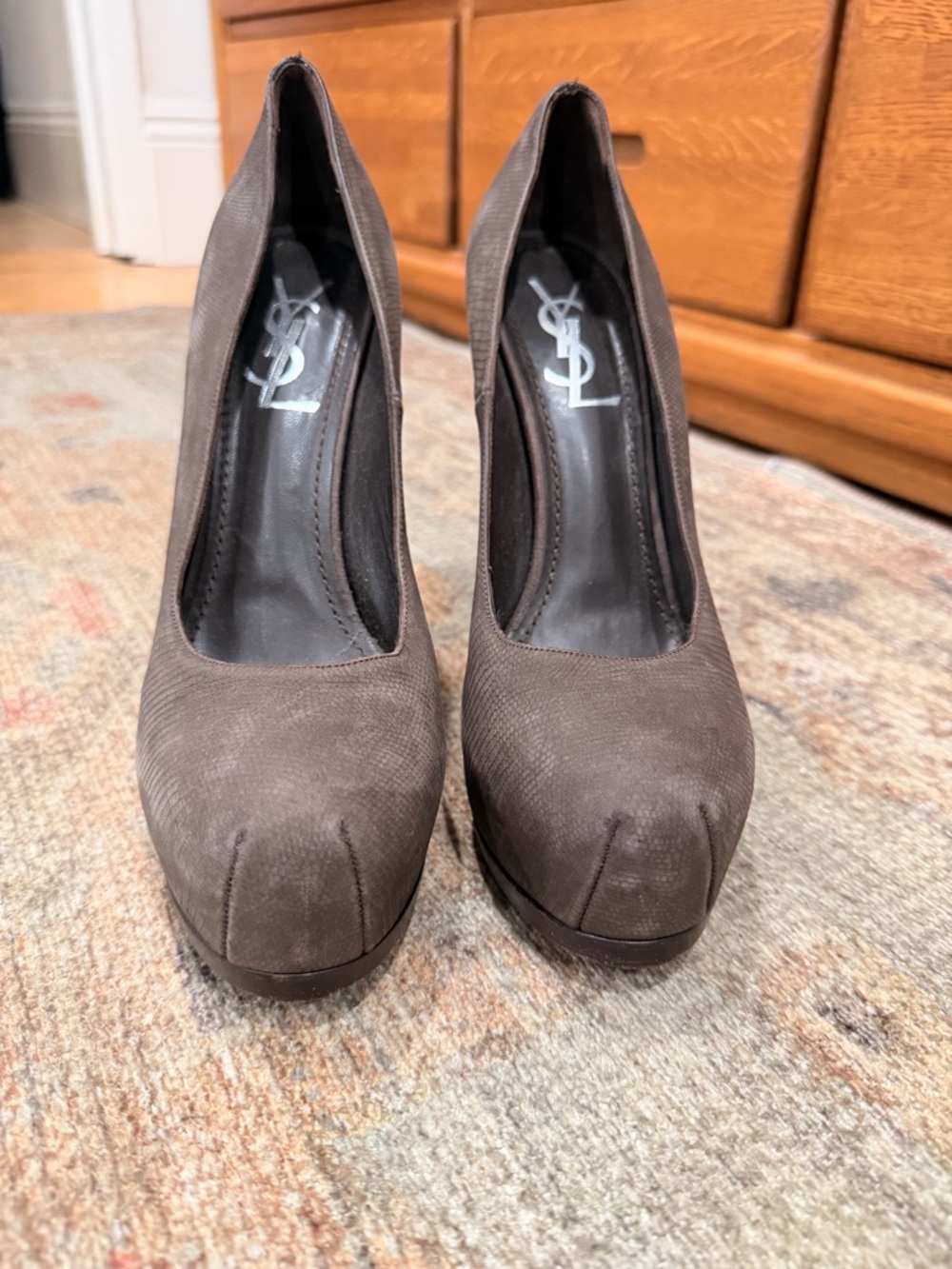 Yves Saint Laurent Taupe Suede Platform Pumps